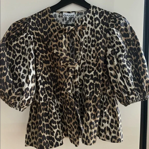 GANNI Cheetah Peplum Poplin top - Picture 2 of 3